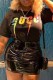 Black Casual Print Letter O Neck T-Shirts