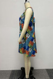 Blue Casual Daily Simplicity Mixed Printing Printing Contrast A Line Dresses