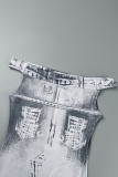 Grey Casual Print Backless Off the Shoulder One Step Skirt Dresses