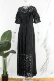 Black Plus Size Casual Elegant Solid Lace Mesh O Neck A Line Plus Size Dresses（No Belt）