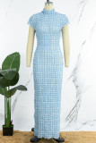 Blue Elegant Solid Patchwork Half A Turtleneck One Step Skirt Dresses