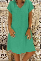 Green Casual Solid Basic V Neck Short Sleeve Dress