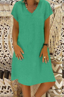 Green Casual Solid Basic V Neck Short Sleeve Dress