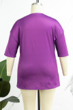 Purple Plus Size Casual Sweet Figure Patchwork Printing O Neck Plus Size Tops