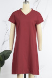 Red Casual Solid Basic V Neck Short Sleeve Dress