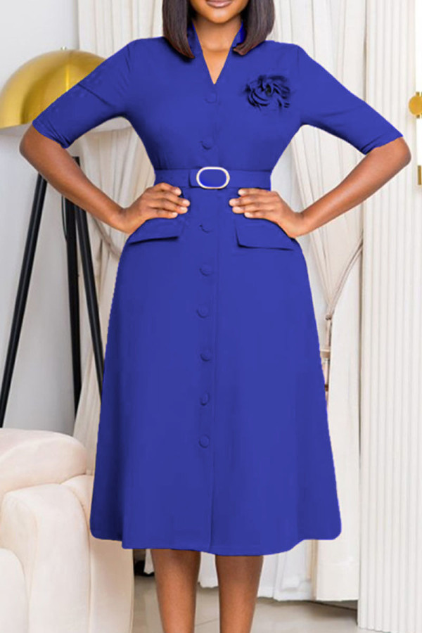Royal Blue Elegant Solid Patchwork Buckle V Neck A Line Dresses(With a belt)