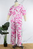 Pink Casual Print Tie Dye O Neck Plus Size Two Pieces