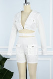 White Sexy Street Solid Patchwork Pocket Turn-back Collar Straight Rompers