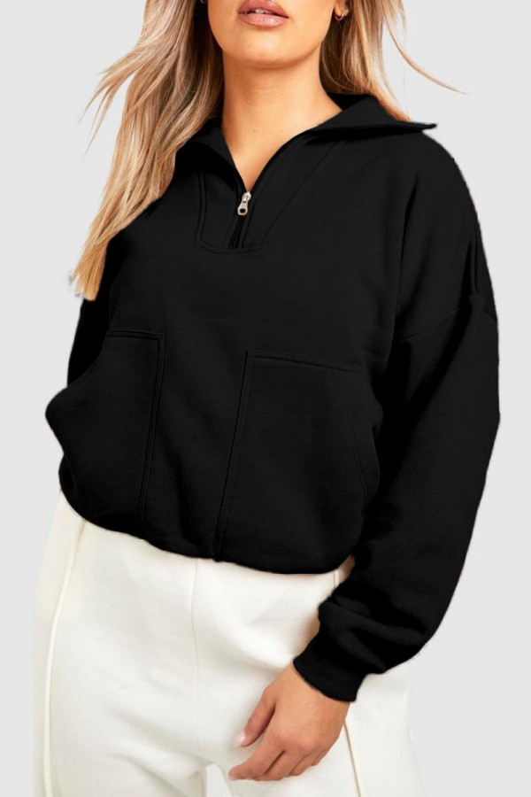 Black Casual Solid Patchwork Zipper Collar Tops