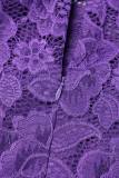Purple Plus Size Casual Elegant Solid Lace Mesh O Neck A Line Plus Size Dresses（No Belt）