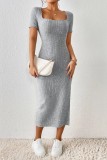 Light Gray Casual Solid Slit Square Collar Short Sleeve Dress