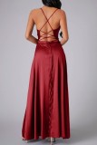 Black Sexy Casual Solid Backless Cross Straps Slit Spaghetti Strap Long Dress Dresses