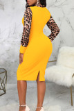Yellow Sexy British Style Elegant Leopard Patchwork Printing O Neck Wrapped Skirt Dresses