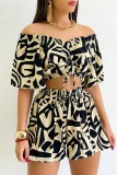 Black Casual Print Frenulum Off the Shoulder Short Sleeve Two Pieces