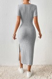 Light Gray Casual Solid Slit Square Collar Short Sleeve Dress