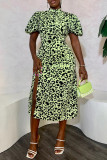 Pink Casual Print Slit Half A Turtleneck Short Sleeve Dress