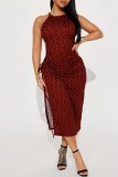 Red Casual Print Frenulum Slit O Neck Sleeveless Dress Dresses