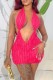 Rose Red Sexy Solid Backless Halter Sleeveless Dress Dresses