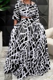 Black White Casual Print Patchwork O Neck Half Sleeve Two Pieces