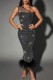 Black Sexy Patchwork Feathers Backless Oblique Collar Evening Dress Dresses