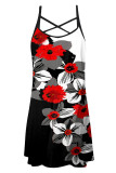 Black Red Casual Print Backless Spaghetti Strap Long Dress Dresses
