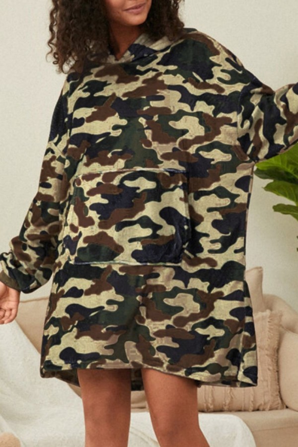 Army Green Casual Camouflage Print Patchwork Hooded Collar Long Sleeve Dresses