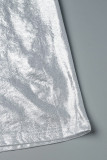 Silver Sexy Solid Hollowed Out Slit Fold Oblique Collar Irregular Dress Dresses