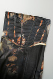 Black Elegant Print Patchwork Backless Slit Strapless One Step Skirt Dresses