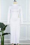 White Sexy Elegant Solid Hollowed Out Patchwork Draw String Asymmetrical O Neck Long Sleeve Dresses