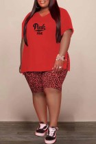Red Casual Print Slit Letter V Neck Plus Size Two Pieces