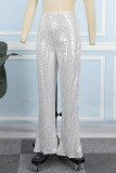 White Casual Patchwork Sequins Skinny High Waist Conventional Patchwork Trousers