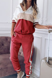Red Casual Patchwork Contrast Hooded Collar Long Sleeve Two Pieces