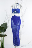 Blue Sexy Solid Backless Halter Strapless Dress Dresses