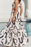 White Casual Print Backless Slit Oblique Collar Sleeveless Two Pieces