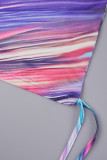 Colour Street Print Bandage Patchwork Fold V Neck One Step Skirt Dresses