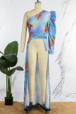 Multicolor Casual Floral Patchwork Fold Oblique Collar Tops(Without Bottoms )