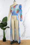 Multicolor Casual Floral Patchwork Fold Oblique Collar Tops(Without Bottoms )