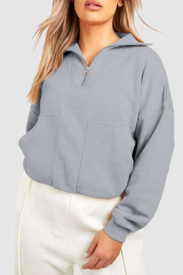 Light Gray Casual Solid Patchwork Zipper Collar Tops