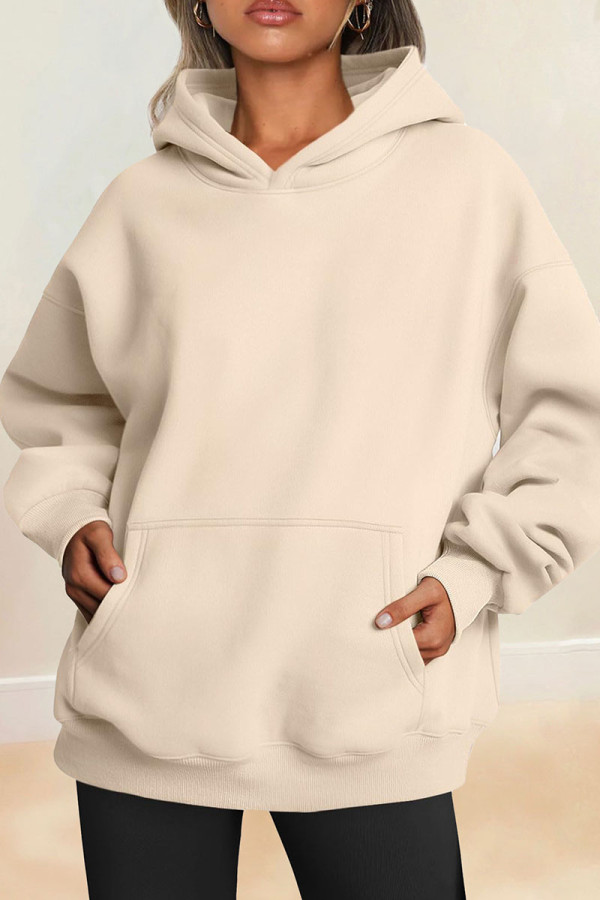 Apricot Casual Solid Basic Hooded Collar Tops
