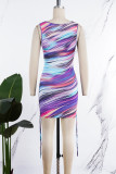 Colour Street Print Bandage Patchwork Fold V Neck One Step Skirt Dresses
