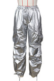 Silver Casual Street Solid Patchwork Pocket Straight High Waist Straight Solid Color Bottoms