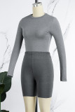 Grey Casual Sportswear Solid Basic O Neck Long Sleeve Two Pieces