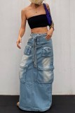Baby Blue Casual Patchwork Basic Regular High Waist Conventional Patchwork Skirts