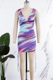 Colour Street Print Bandage Patchwork Fold V Neck One Step Skirt Dresses