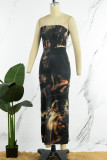 Black Elegant Print Patchwork Backless Slit Strapless One Step Skirt Dresses