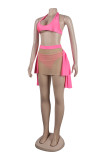 Rose Red Sexy Casual Patchwork See-through Asymmetrical U Neck Sleeveless Two Pieces