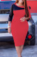 Watermelon Red Elegant Solid Color Block Patchwork Contrast Zipper O Neck Wrapped Skirt Dresses