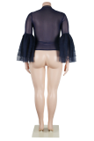 Deep Blue Sexy Solid See-through Fold O Neck Tops(The Sleeve Shall Be Subject To The Drawing)