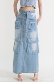 Baby Blue Casual Patchwork Basic Regular High Waist Conventional Patchwork Skirts