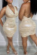 Apricot Sexy Solid Backless Fold Halter Wrapped Skirt Dresses